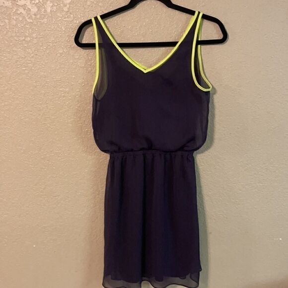 Express navy blue and neon yellow sheer skater dress XS - Picture 3 of 4